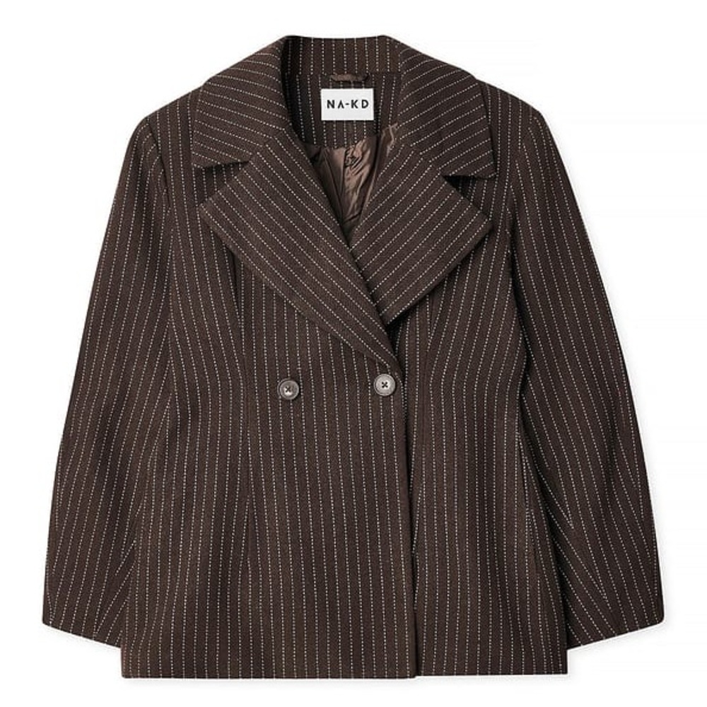 NA-KD Brown Wool Pinstripe Blazer Barrel Old Money Quiet Luxury 90s Retro Fall 6 - Picture 7 of 12